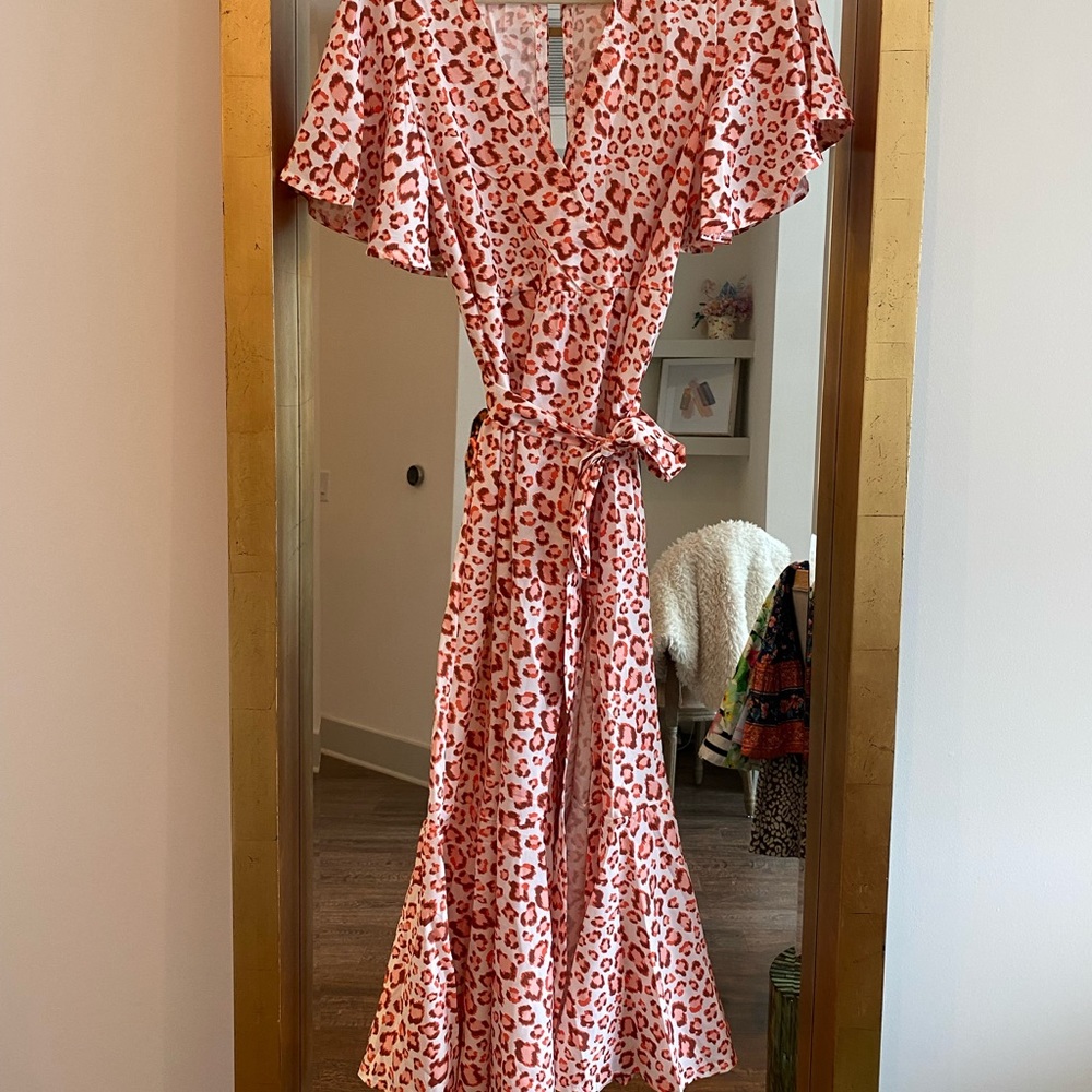 White/Orange leopard print wrap dress